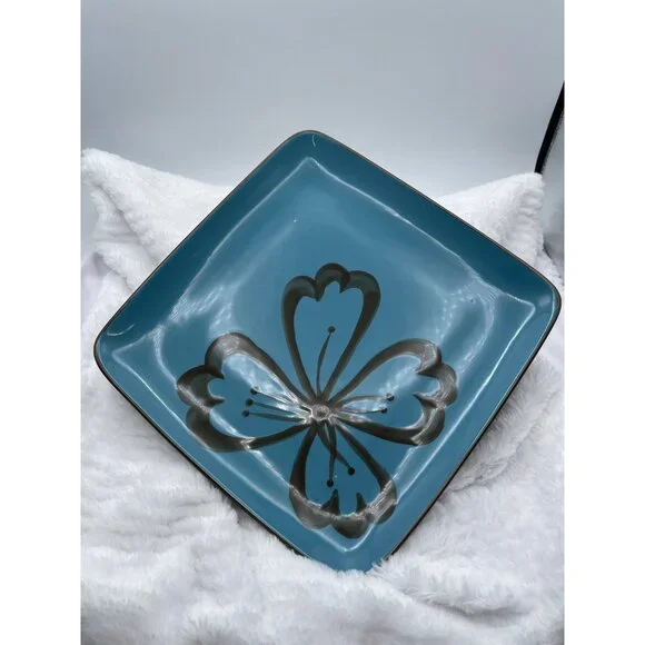 Pier 1 Hibiscus Square Plate Brown Turquois Dinner Discontinued Pattern Set of 4 - Picture 1 of 8